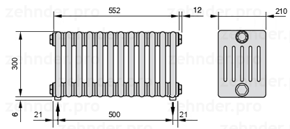 Схема (чертеж) Радиатор Zehnder Charleston 6030/12 №3570 Белый глянцевый RAL 9016